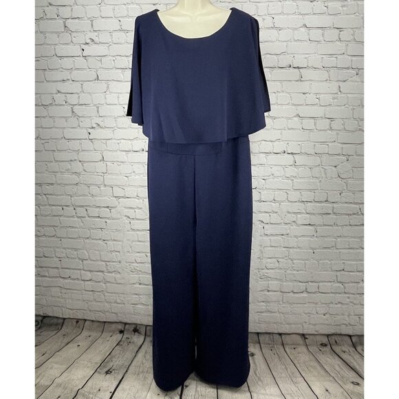 NWT Connected Apparel Dark Blue Jumpsuit Slit Sleeve Wide Leg Plus Size 18W - Picture 1 of 11